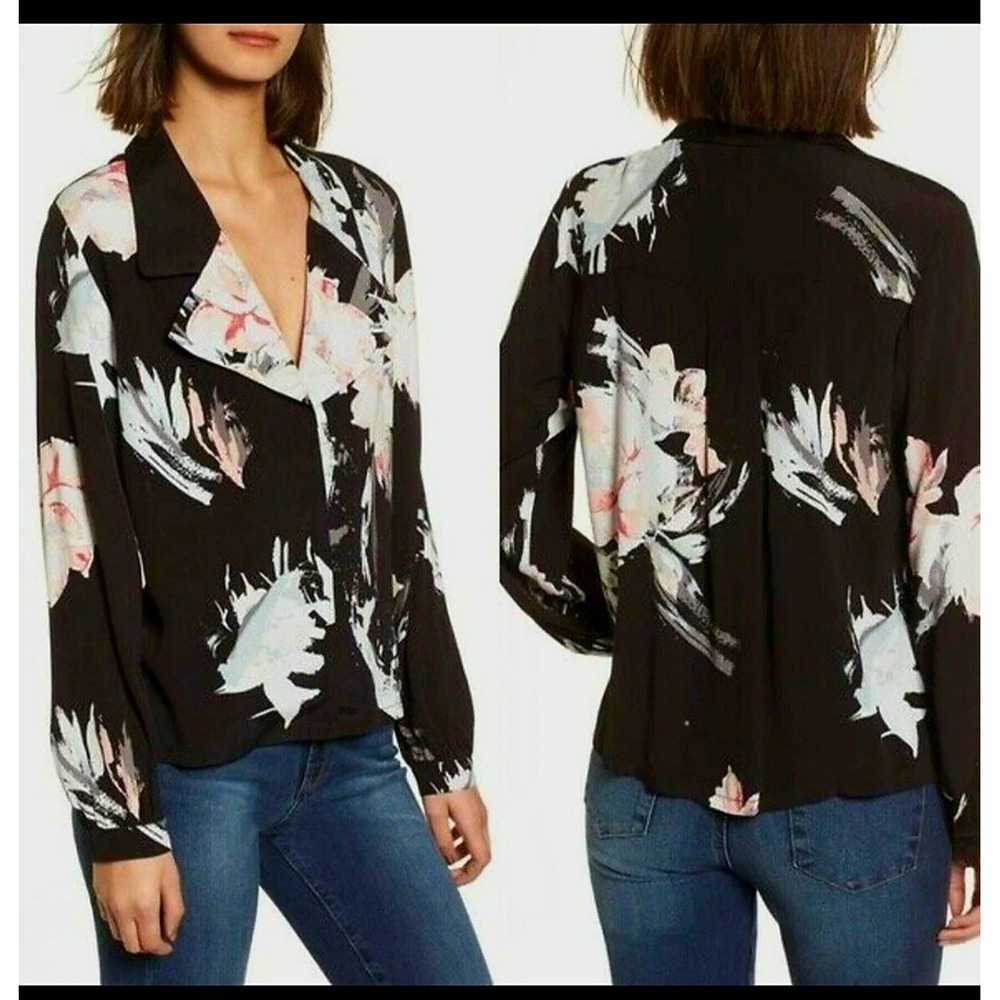 Leith Romantic Black With Soft Pink And Gray Floral Button Up Blouse Whimsy Sz M